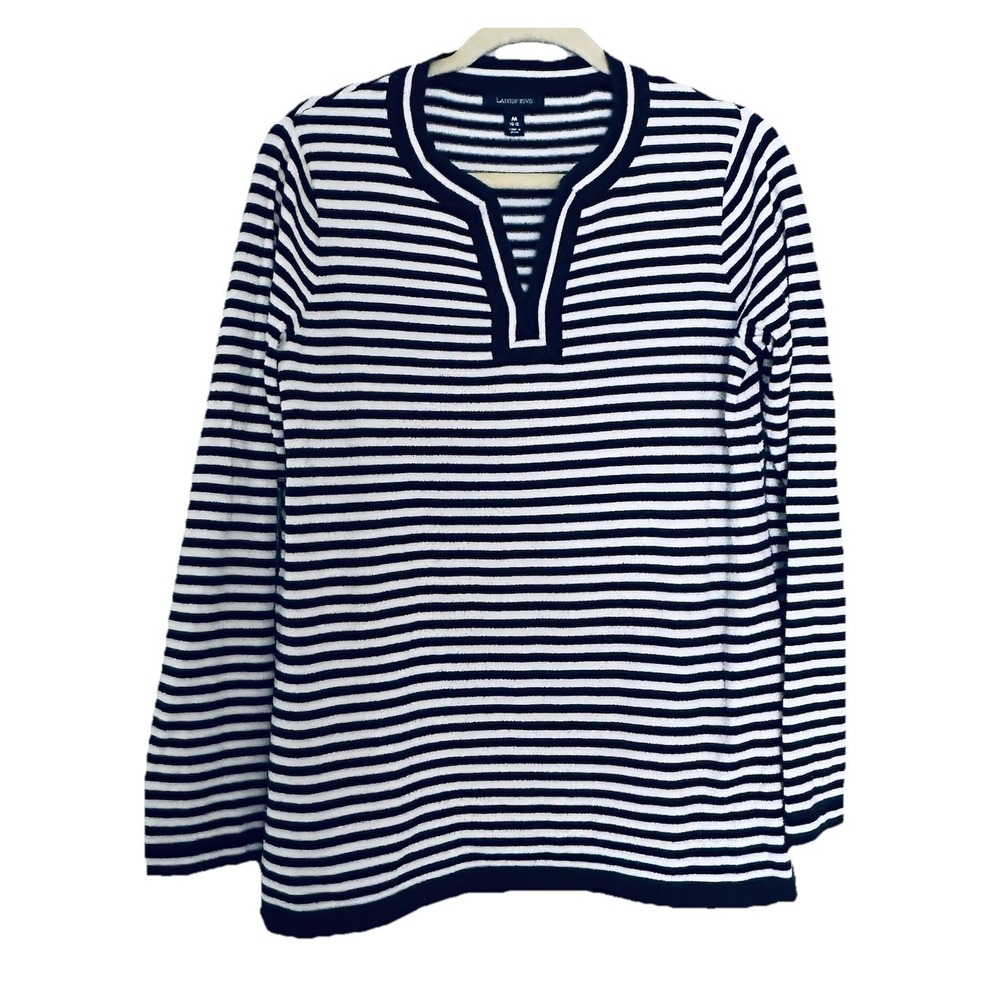 Lands End Sweater Womens Medium Blue White Striped‎ Pullover Split Neck Coastal